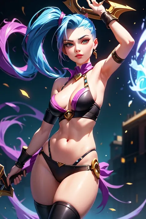 jinx com uma arma brilhante na mão Arcane art style, shooting at the city and lots of action ,  arcana, painted in arcane style, do league of legends, Jinx do Arcano, arcane : league of legends, portrait of Jinx do Arcano, arcane league of legends, league ...