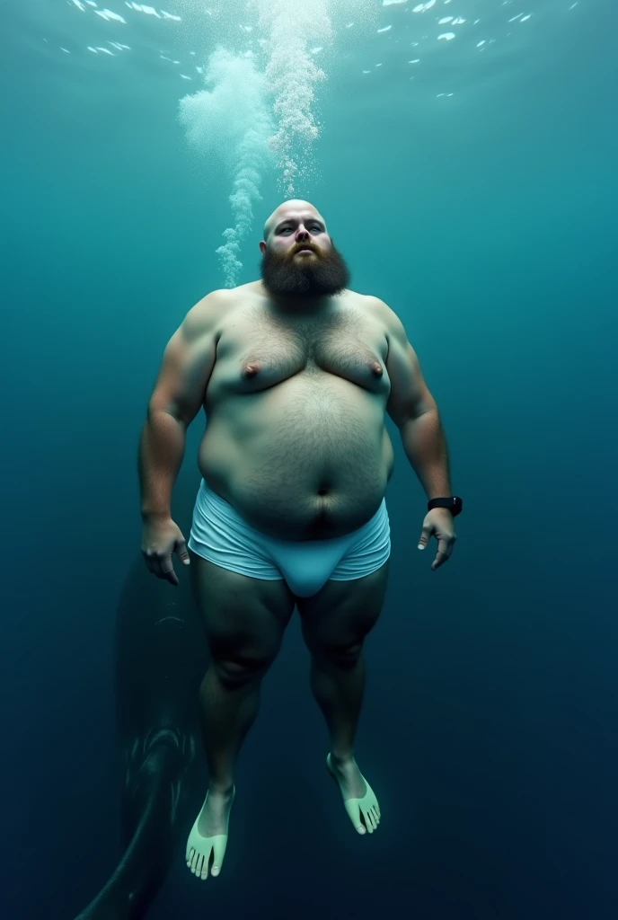  plump fat man Thick bearded thighs,  shirtless wearing only white swimming trunks ,  he wears dive fins on his feet to swim, swimming at the bottom of the sea, Swimming sideways . Deep down a huge whale 