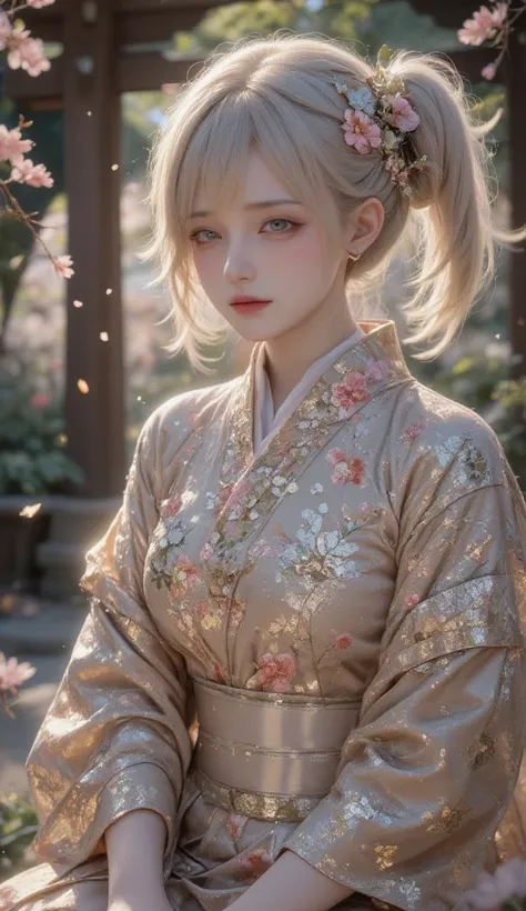 In the Impressionism style, a dreamy shrine maiden is captured in a serene garden setting. Her long, flowing hair and twin tails are adorned with subtle highlights, adding to her ethereal presence. She wears a traditional kimono, rich in hand-painted flora...