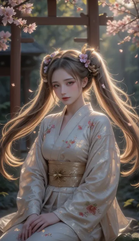 In the Impressionism style, a dreamy shrine maiden is captured in a serene garden setting. Her long, flowing hair and twin tails are adorned with subtle highlights, adding to her ethereal presence. She wears a traditional kimono, rich in hand-painted flora...