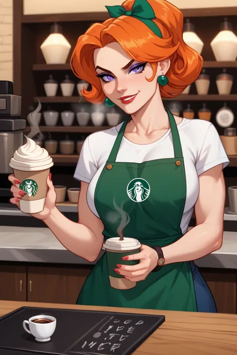 An anime-inspired illustration of a character called A Barista do Reddit. The character is a mysterious, slightly villainous woman with sharp, captivating features. She wears a barista apron and confidently holds a steaming cup of coffee, with an ominous s...