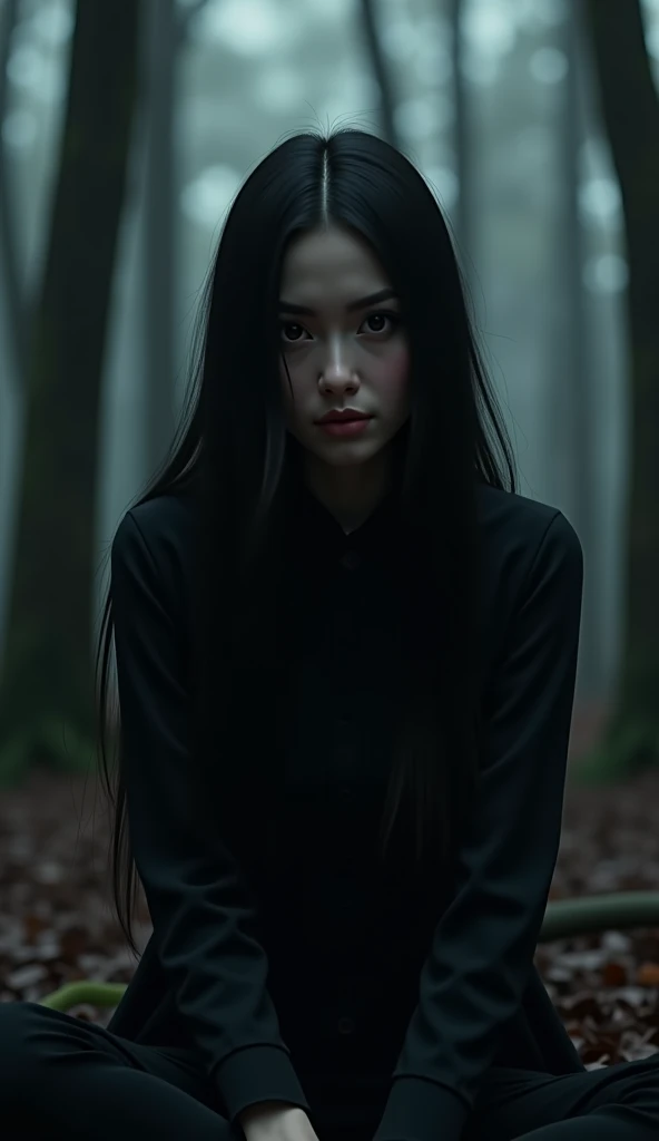  Create a realistic animation adult woman long black hair and brown eyes,  sitting in a dark and dark forest , dark clothes, with several dark shadows around her . 
  man,  ultra quality,  maximum quality, 8k, 4K,  ultra definition ,  ultra quality na imag...