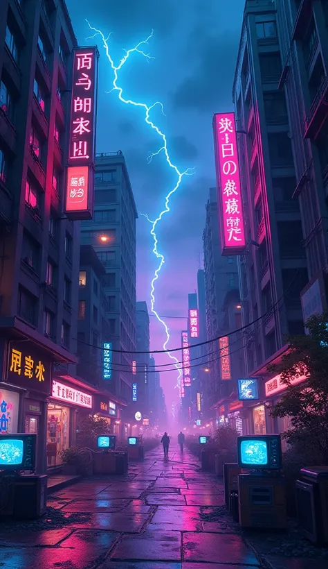  electromagnetic wave background 、lightning、 illustration with delicate outlines, cyberpunk neon coloring with an anime touch、 drawing composition 、Illustration style、 cyberpunk background、 near future city、ruins、Large amount of cathode-ray tube television...