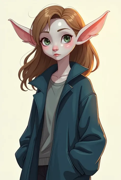 A full body picture of a changeling with pale skin but light brown hairs. Dressed in a dark blue jacket with underneeth a gray shirt. Adult cartoon style