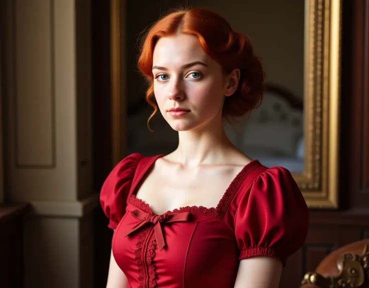 The most beautiful red haired girl in beautiful 19th century red dress with bows, elegant hairsty;e