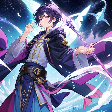 A wizard man with short dark purple hair is running in the moonlight