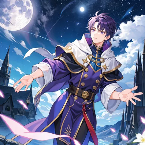 A wizard man with short dark purple hair is running in the moonlight