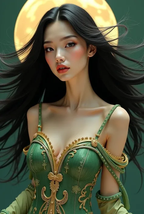 Beautiful Real Looking  Caucasian Woman, Ghotic make up, Pale Skin, long lush Sparkling black hair,  holdin the moon ,Magnificent Beautiful Stuning Woman , green and gold gliter, Wind blowing her hair,  Magnificent dress, Abstract Art 
Digital Quality Clea...