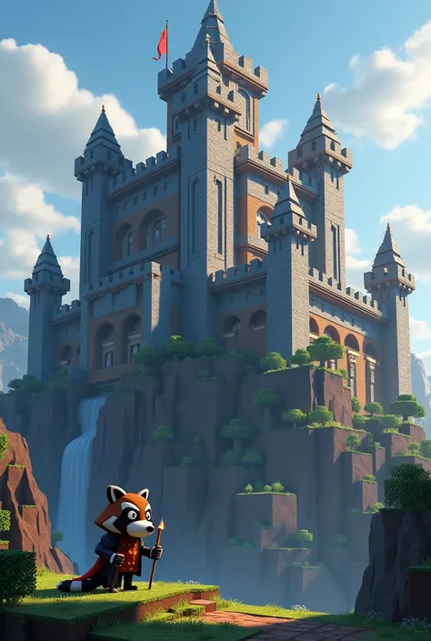 Set me a fortified castle in Minecraft style where a raccoon Lord reigns