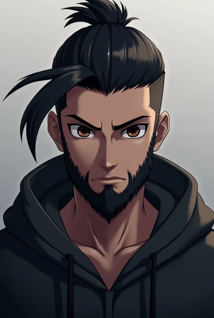 man gradient anime young brown eyes black hair with low bun with shaved sides and long beard turns hair to the left side in the middle serious face with hoodie