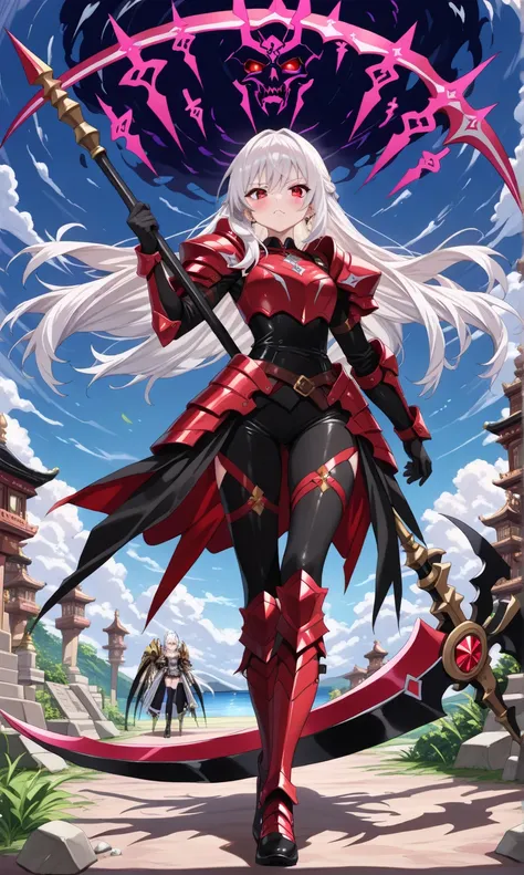  (((Masterpiece, best quality, 16k))) female character with long white hair and piercing red eyes. She wears a demonic armor in purple, black, and white.  wields a large, stylized scythe. The character has a menacing expression, with a chaotic environment ...