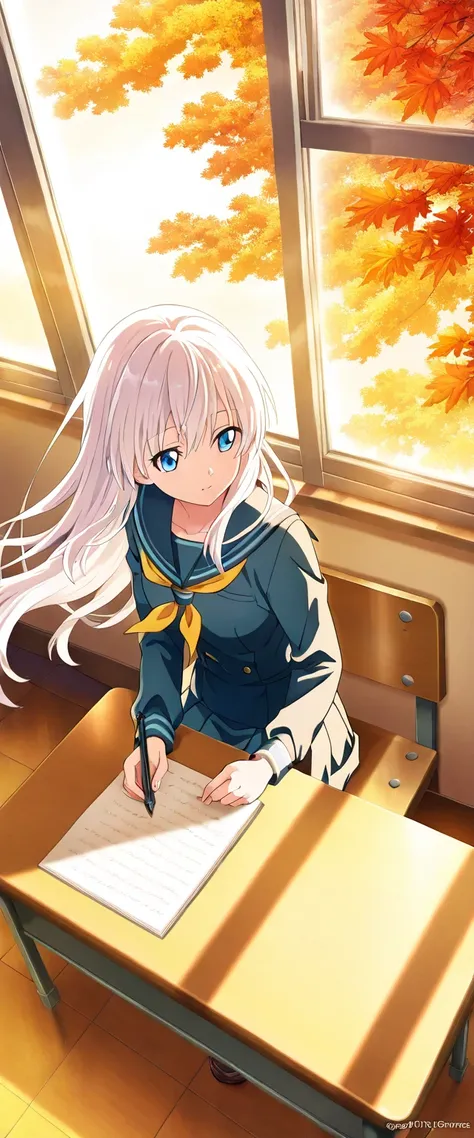 (High quality anime art), (from above, third person perspective), (Anime girl, white hair, Long hair, Hair flowing in the wind: 0.9, blue eyes, School uniform
), (Atmospheric lighting: 0.9, Window, warm lighting), (vibrant color:0.7, Detailed color: 0.9), ...