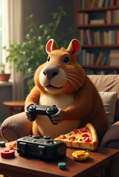 A capybara playing video game, and eating pizza  