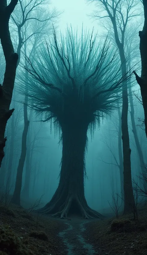 un arbe bizarre qui se trouve au milieu des autres arbres, l&apos;arbre au milieu a des feuilles un peut bleu verdatre, avec des voiles à chaque branches, les autres arbres autour semble mourrant et fannent, dark blue image, cinematic et dramatic, add big ...