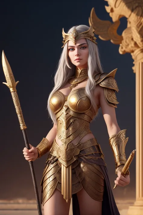 A powerful warrior goddess inspired by Athena, standing tall in a battle-ready pose. She wears a beautifully ornate bronze armor with intricate engravings of mythical creatures and ancient symbols. Her helmet, sleek and adorned with a crescent moon motif, ...