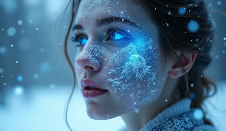 A beautiful double exposure imagine of a beautiful face that is transparent and seamlessly merges with a winter wonderland with glow emitting snowfall. They eyes look as though they are blue glowing moons in the winter setting. The face and the winter land...