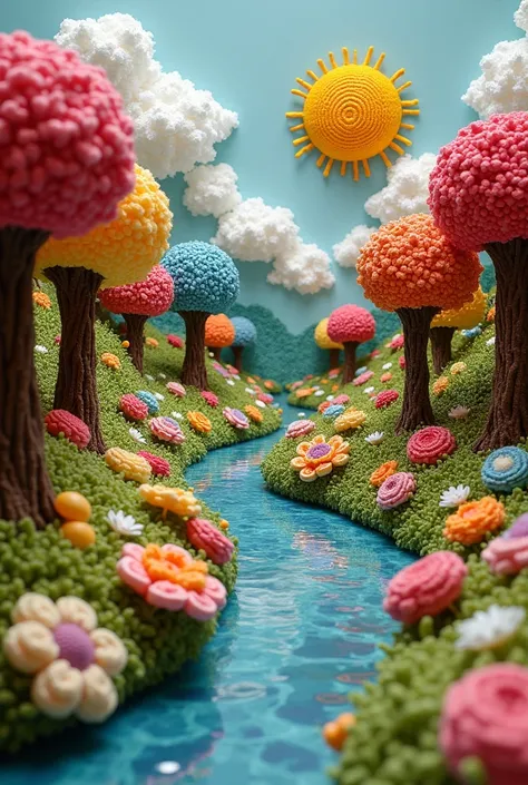  A forest made of crochet .  A sky made of crochet . A river made of crochet .  Flowers made of crochet .  Clouds made of cotton .  The sun is a yellow pompom.