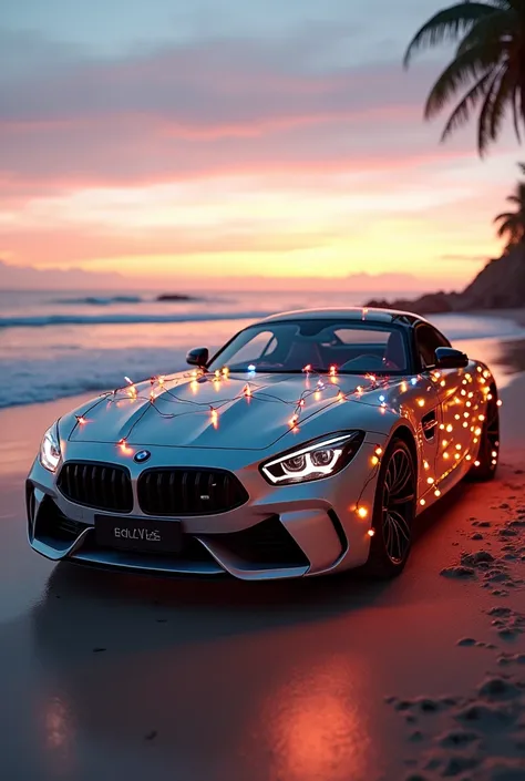 BMW with Christmas lights by the beach