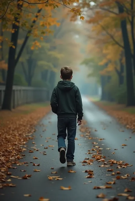 A boy is going somewhere on the side of the road in a sad state. Alone boy show in back  Both sides of the road are planted with leaves, then the boy takes out a cigarette and starts smoking  And keeps going