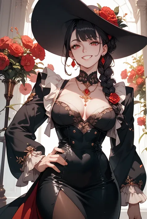 Tall muscular girl, red eyes, black hair, medium breasts, medium hips, smiling with two pistols, pale skin, dark hat, elegant mens clothing 