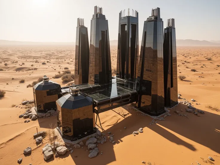 masterpiece, best quality, ideal buildings of the future made of black glass in the desert, top view