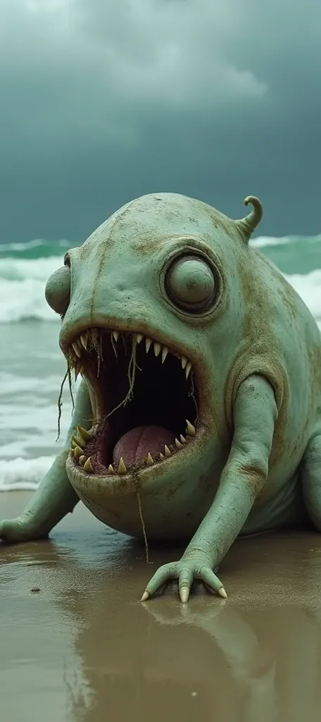 A grotesque sea creature washed up on the shore, its bloated, slimy body partially buried in the wet sand. The creature’s translucent, splotchy skin is a sickly mix of pale green and gray, covered in mucus and dotted with open, festering sores. Its enormou...