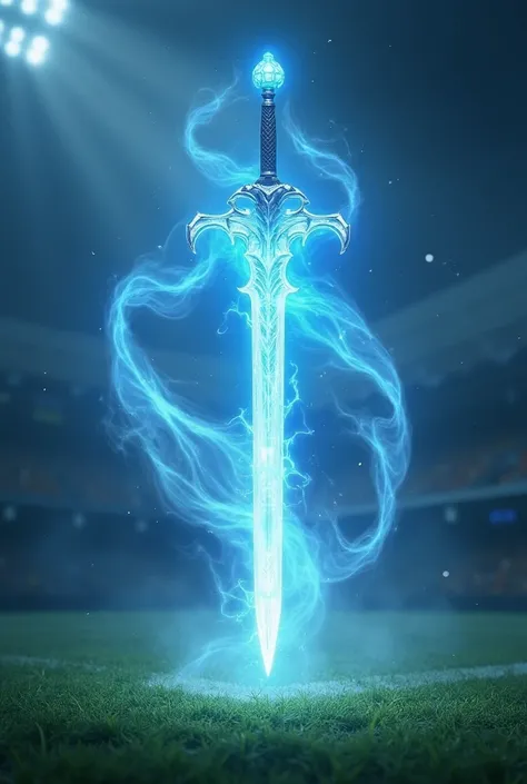  A glowing sword in blue and white floats above a playing field, surrounded by an energetic vortex of wind and light .