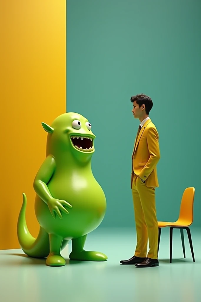  Slime green talking to a man in yellow in a suit, while there is an empty chair 