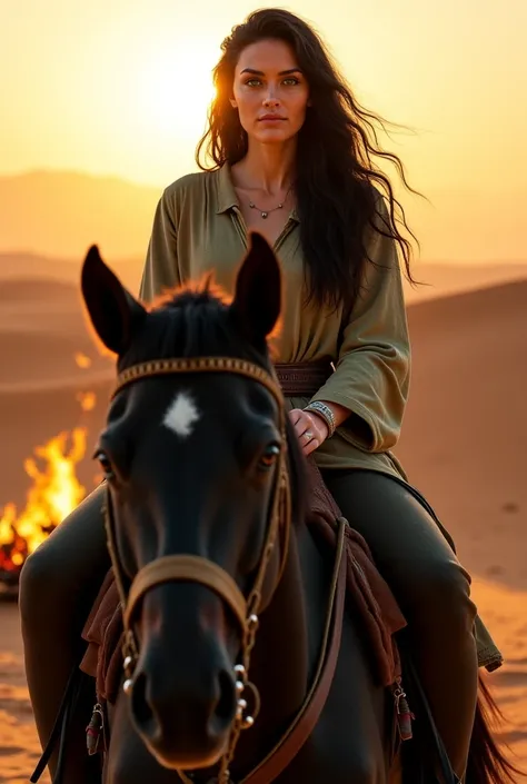 Black haired, green eyed woman of 35 years, a desert fantasy world protagonist sitting on a black Arabian horse in the setting sun of the desert with a fire glowing in the background.