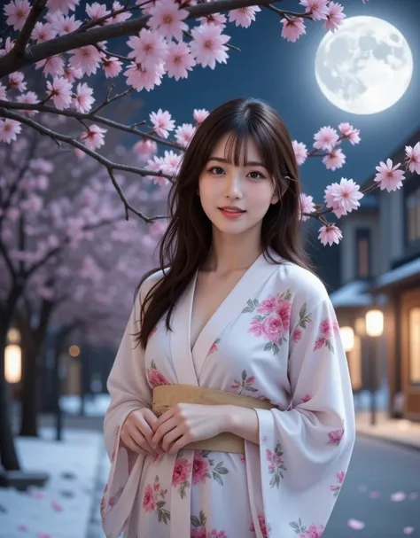 Cherry Blossoms at Night、moonlight、Sexy,charm,,kimono,Long-sleeved kimono, wind_lift, outdoor,In the spring, Falling Petals , watching , 20 year old girl 、Thick pubic hair、Snow Scene、Wear a ten-gallon hat、short hair、 bob hair、 cm apart、 expand your legs to...