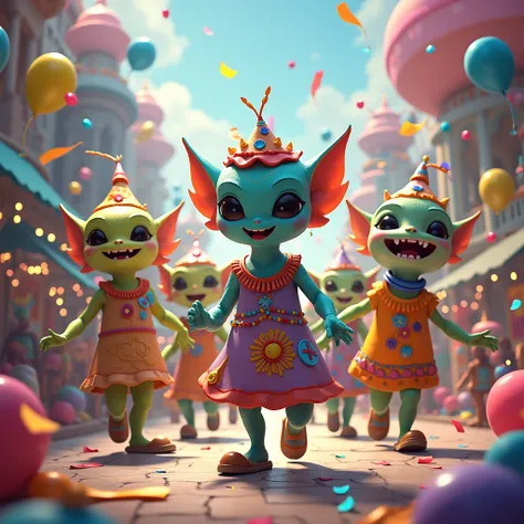 A group of friendly aliens leading a colorful parade with s, balloons, and confetti, all celebrating together.