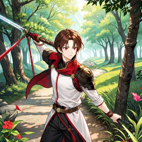 Red eyed  , The brown-haired knight man has a sword 。Swinging a sword in the woods