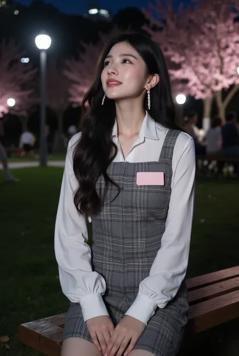 Night time,Dark,  young woman, gray plaid romper, pink brush , 8K, Park, white shirt, wolf hair, Doble layer hair dye, first layer are white, second layer are white, Looking up to see the cherry blossoms, pale solid colour background, cuff, up right pose, ...