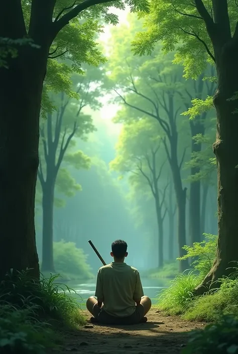 A man is sitting with a stick while looking at the forest