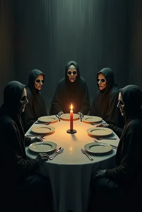  A dark dinner with candles partially illuminating ghostly figures seated around a table, looking at the empty plate menacingly 