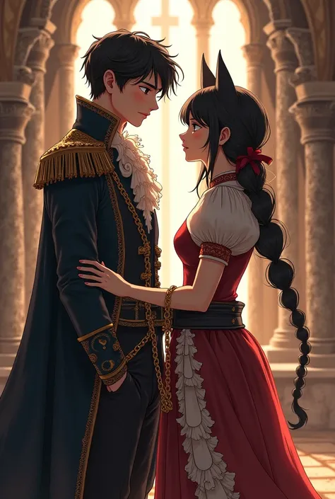 ارLet me draw an anime of an 18 year old boy dressed as a nobleman holding a chain attached to an  girl with black cat ears and tails wearing old torn clothes and make the drawing style like Overlord and have them stand in a castleه