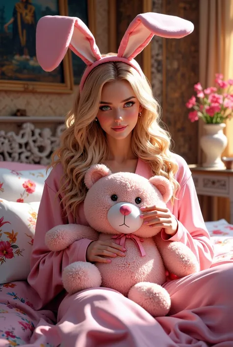 blonde woman in bunny costume holding a pink teddy bear on a bed, beautiful lady with bunny ears, bunny girl, ultrarealistic sweet bunny girl, wearing a bunny suit, with bunny ears, wearing a pink rabbit costume, the bunny has pink fur, playboy bunny, with...