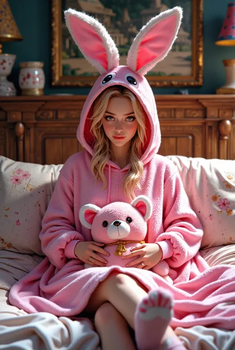 blonde woman in bunny costume holding a pink teddy bear on a bed, beautiful lady with bunny ears, bunny girl, ultrarealistic sweet bunny girl, wearing a bunny suit, with bunny ears, wearing a pink rabbit costume, the bunny has pink fur, playboy bunny, with...