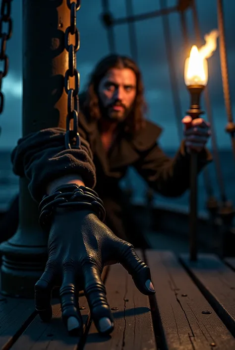  its night,  on the deck of a 16th century ship, we saw a black hand chained .  Your frightened eyes shine the light of torches .