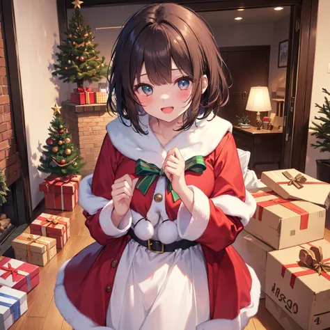 ( Best Quality 、8k、masterpiece))、(( 1 girl))、(( cute))、 big smiles in the garage、 blushing 、 with open mouth、 brown hair 、 short bob hair、 super detailed face、 super detailed eyes、Ultra detailed hair、(( Santa Claus costume that fits in a big box))、 christm...