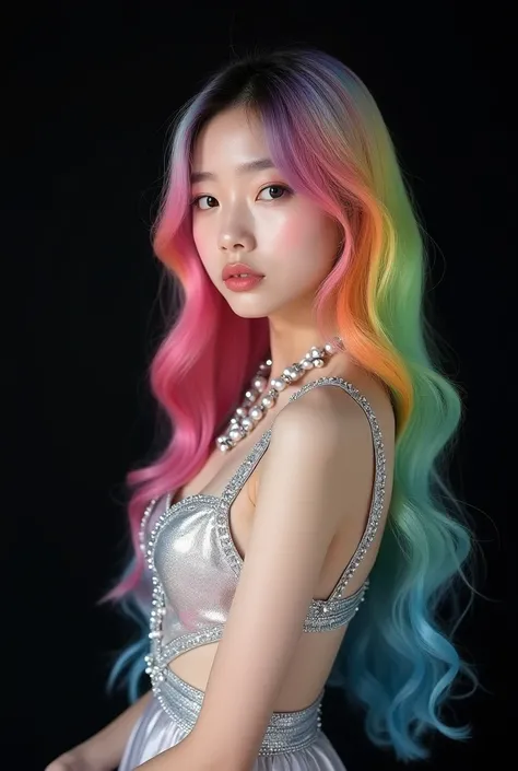 A  old Korean girl with rainbow hair, silver and pretty clothes, posing for a kpop Photoshop with a black background