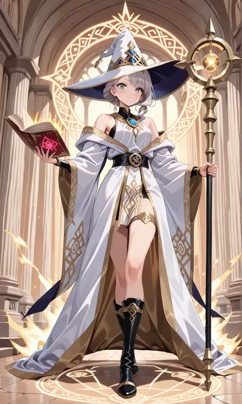 (((masterpiece, best quality, high detailed, 16k))) (1girl) A captivating sorceress with an aura of mystical power, adorned in elegant mage robes interwoven with intricate armor pieces. Her robes are deep purple with silver embroidery, inscribed with ancie...