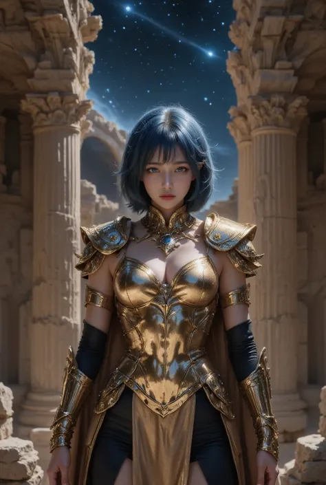 In this ultra-realistic photo shoot, a beautiful Korean girl is captured in a stunning pose amidst ancient Greek ruins. She wears shiny golden metal armor inspired by Saint Seiya, specifically the Cancer armor, which gleams under the night sky. Her short, ...