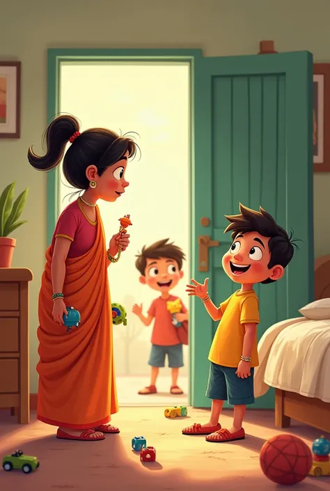 Image Prompt:
A humorous and lively illustration of a playful  named Pappu talking to his mother in a cozy home setting. Pappu excitedly gestures towards the bed, asking his mother to hide the toys under it. The mother looks puzzled but amused, holding a t...