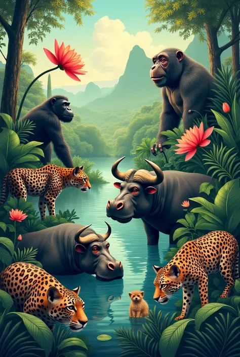 Lagoas Cufada Natural Park is home to animal species such as water lily, primate, chimpanzee, hippo, roan antelope, African buffalo, leopard, Hyenas tourism poster 