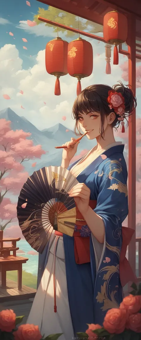 , a woman wearing a kimono holds a fan,  Ukiyo-e , Influenced by Keisai Eisen , click - e , Ukiyo-e, Ukiyo-e art, click - e  art, , click - e  painting, Ukiyo-e style, click - e  style,  painting