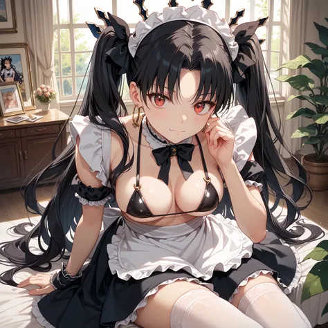 ishtar, red eyes, black hair, long hair, two side up, parted bangs, black ribbon, hair ribbon, tiara, hoop earrings, Maid cosplay, Maid micro bikini, Hairband, maid thighhighs, Sit, Room, Displeased face, Beautiful view, good atmosphere