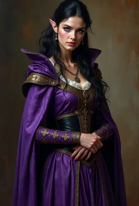 tall, middle-aged woman countess, purple medieval clothes, menacing gaze, broad shoulders, sophisticated figure, beautiful physique, elven ears, black hair, violet eyes, cold gaze, Renaissance style painting