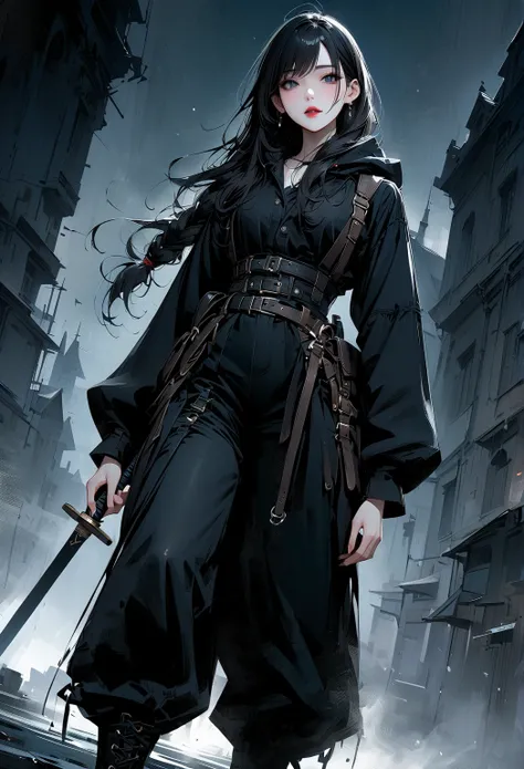 (top quality, 4K, masterpiece :1.3), a cute young beautiful asian woman shemale, dark haired, pale skin, grey eyes, asian slanted eyes, long hairs, red lips, sword held, earring, Victorian black leather hunter outfit, black boots, pants, high ponytail, bra...