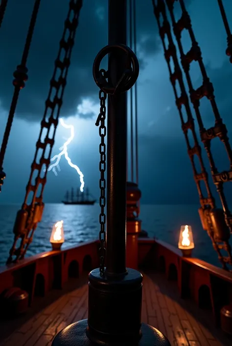  its night,  on the deck of a 16th century ship, we saw a black hand chained , attached to the central mast .  the vessel is illuminated by torches .  we saw a thunderstorm with lightning in the distance.